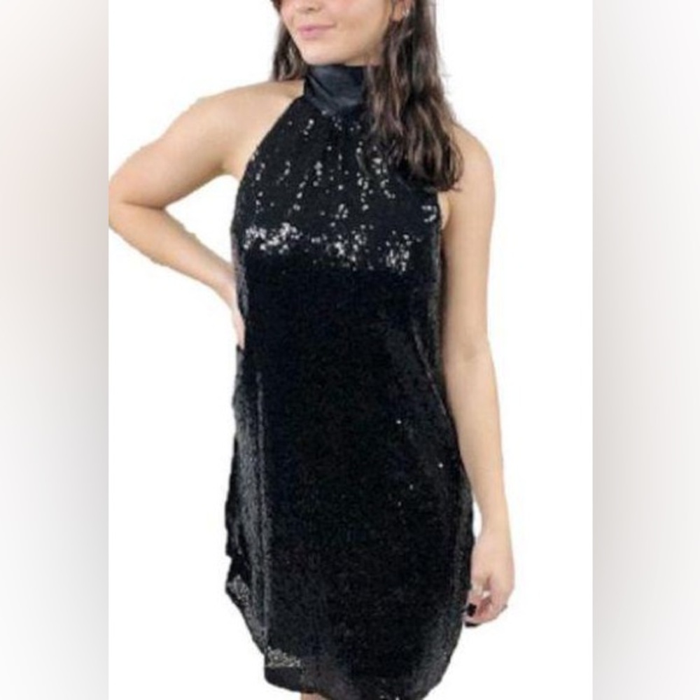 Andree by Unit Black Delight High Neck Bow Satin Sequin A-Line Dress SZ M